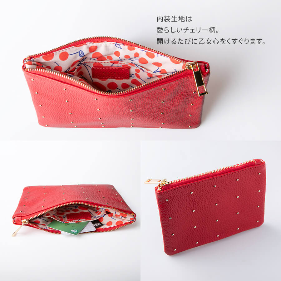 ポーチ レディース 大人 本革 牛革 レザーポーチ ドット 水玉 スタッズ 上品【Dot leather pouch ドットレザーポーチMサイズ】ファスナー 軽い 軽量 メイク 化粧品