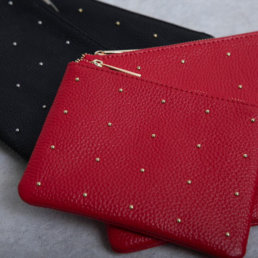 ポーチ レディース 大人 本革 牛革 レザーポーチ ドット 水玉 スタッズ 上品【Dot leather pouch ドットレザーポーチSサイズ】ファスナー 軽い 軽量 メイク 化粧品