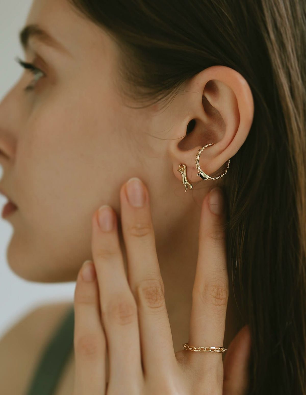 イヤーカフチェーン金属アレルギー対応リングゴールド【tresor-mono-ringトレゾール・モノ】イヤリングフープ丸サークル10金ブラックオニキスホワイトトパーズシンプルイヤカフイヤーカフス華奢繊細k1010k天然石リング指輪イエローゴールド