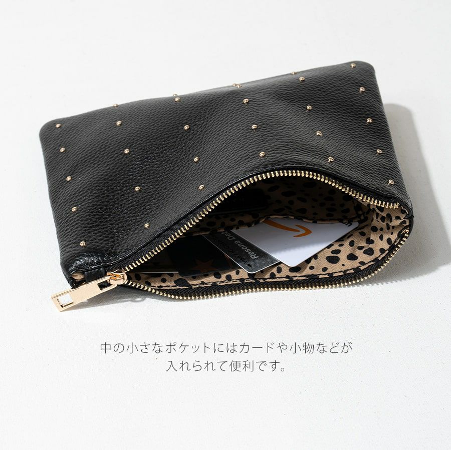 ポーチレディース大人本革牛革レザーポーチドット水玉スタッズ上品【DotleatherpouchドットレザーポーチMサイズ】スクエアかわいいおしゃれ通勤通学旅ギフトプレゼントブランドHAYNIヘイニ