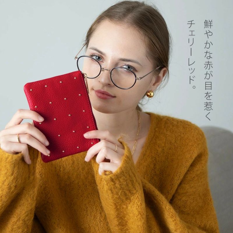 ポーチレディース大人本革牛革レザーポーチドット水玉スタッズ上品【DotleatherpouchドットレザーポーチSサイズ】スクエアかわいいおしゃれ通勤通学旅ギフトプレゼントブランドHAYNIヘイニ