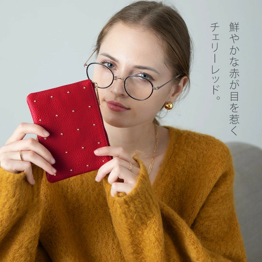 ポーチレディース大人本革牛革レザーポーチドット水玉スタッズ上品【DotleatherpouchドットレザーポーチSサイズ】スクエアかわいいおしゃれ通勤通学旅ギフトプレゼントブランドHAYNIヘイニ