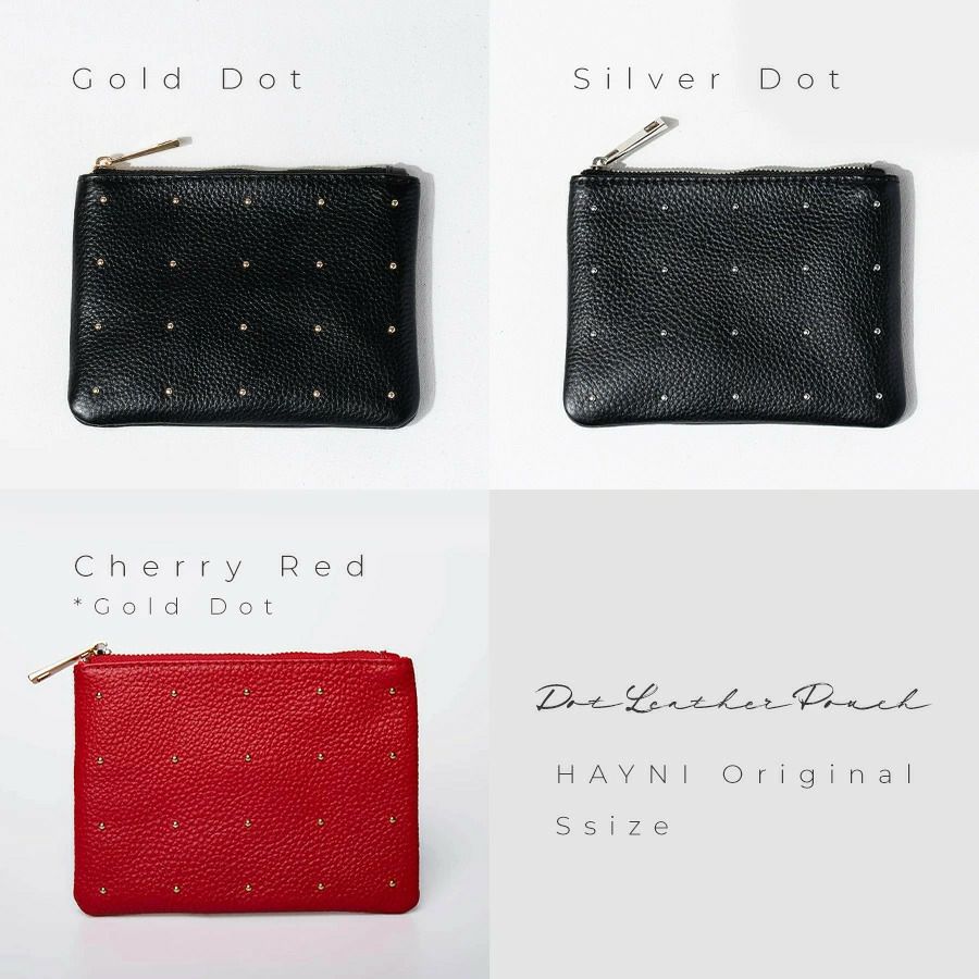 ポーチレディース大人本革牛革レザーポーチドット水玉スタッズ上品【DotleatherpouchドットレザーポーチSサイズ】スクエアかわいいおしゃれ通勤通学旅ギフトプレゼントブランドHAYNIヘイニ