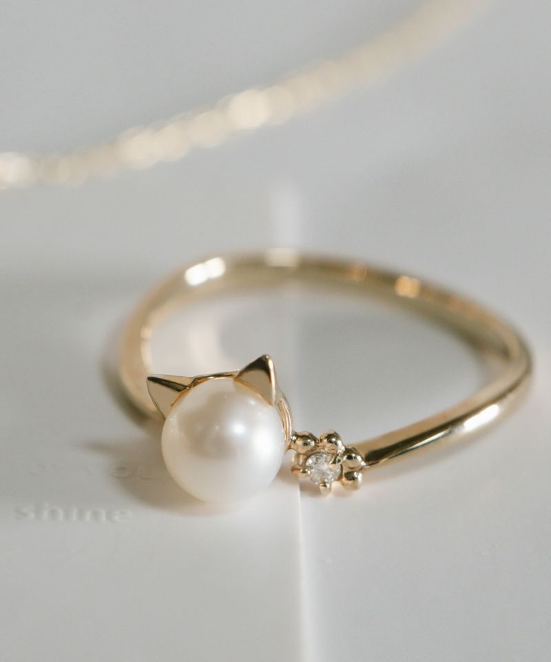 【売上を医学研究寄付】猫パールリングレディースK10ゴールド【fortuna-cat-rフォルトゥナ・キャットリング】淡水パールアコヤ真珠黒真珠ダイヤモンドアミュレット真珠パールかわいい大人可愛いアクセサリーネコねこグッズ猫雑貨プレゼント